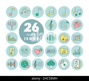 Music notes color vector icons set. Graph symbol for music and sound web site and apps design, logo, app, UI Stock Vector
