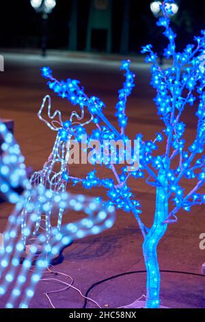 Vertical shot of decorations with blue lights Stock Photo