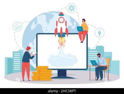 Launch business start up online, team developers. Launch startup company and management teamwork development. Vector illustration Stock Vector