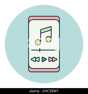 Smartphone with music player app color vector flat icon. Music sign. Graph symbol for music and sound web site and apps design, logo, app, UI Stock Vector