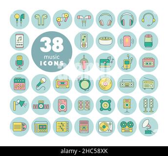 Multimedia devices and color flat symbols icons set. Graph symbol for music and sound web site and apps design, logo, app, UI Stock Vector