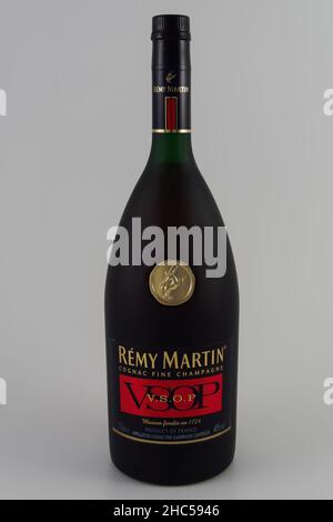Remy Martin alcoholic drink with logo. French cognac fine champagne VSOP beverage in a dark 750 ml bottle, against white background. Stock Photo