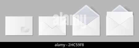 Realistic blank white envelope mockup, open and closed envelopes. Postal letter invitation, paper mail template front and back view vector set for office messages or documents sending Stock Vector