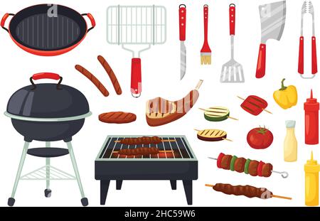 https://l450v.alamy.com/450v/2hc59w6/cartoon-barbecue-food-and-utensils-bbq-party-elements-outdoor-grills-barbecued-meat-and-vegetables-grill-picnic-equipment-vector-set-cooking-tasty-meat-tomatoes-and-pepper-outside-2hc59w6.jpg