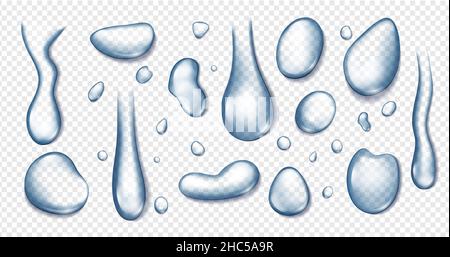 Realistic transparent water drops, clear liquid droplets, raindrops. Condensation on window or glass, rain droplet, tears vector set. Flowing refreshing blue blobs, wet surface with splashes Stock Vector