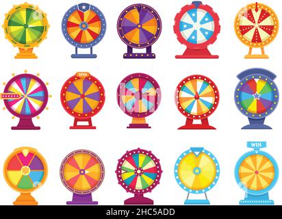 Fortune wheels, lucky spinning roulette, casino spin game. Colorful prize wheel, lottery prize roulettes games, money gambling flat vector set. Rotating equipment with random slots Stock Vector