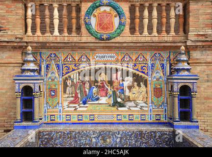 Detail of beautiful ornate exterior wall decorated with ceramic tiles in the historical Plaza de Espana or Spanish Square. Seville, Spain. Stock Photo