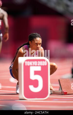 Allyson Felix participating in the semi-final of the 400 meters of the Tokyo 2020 Olympic Games. Stock Photo