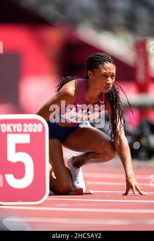 Allyson Felix participating in the semi-final of the 400 meters of the Tokyo 2020 Olympic Games. Stock Photo