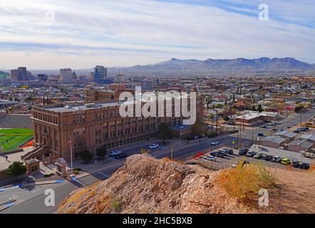 EL PASO, TX -15 DEC 2021- Landscape view of the downtown El Paso skyline in Texas, United States. Stock Photo