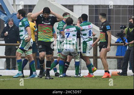 Sergio Lanfranchi stadium, Parma, Italy, December 24, 2021, benetton celebrates the try  during  Zebre Rugby Club vs Benetton Rugby - United Rugby Championship match Stock Photo