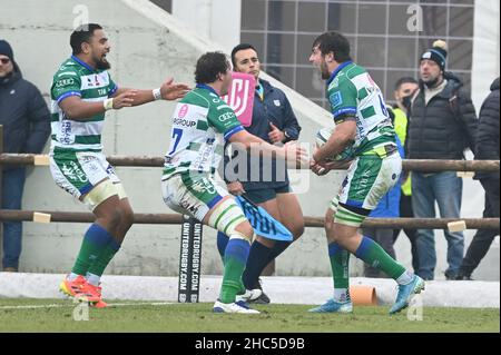 Sergio Lanfranchi stadium, Parma, Italy, December 24, 2021, benetton celebrates the try  during  Zebre Rugby Club vs Benetton Rugby - United Rugby Championship match Stock Photo