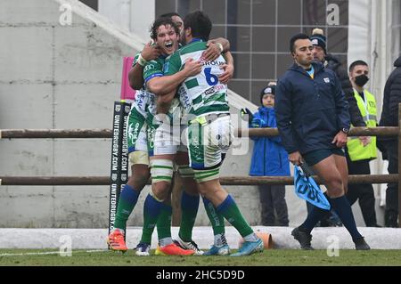 Sergio Lanfranchi stadium, Parma, Italy, December 24, 2021, benetton celebrates the try  during  Zebre Rugby Club vs Benetton Rugby - United Rugby Championship match Stock Photo