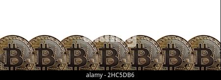 Bitcoin coins border isolated on white background. Crypto currency design. Banner with copy space. Stock Photo