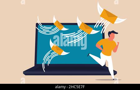 Junk email in a laptop. Anxiety and miscommunication of a man running from a office computer vector concept illustration. Digital business mail overlo Stock Vector