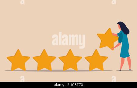 Upgrade rating and 5 stars feedback. Woman carries a gold star to appreciate the customer vector illustration. Best review and good experience work. P Stock Vector