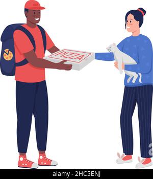 Courier giving pizza to woman semi flat color vector characters Stock Vector