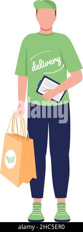 Delivery man with package semi flat color vector character Stock Vector