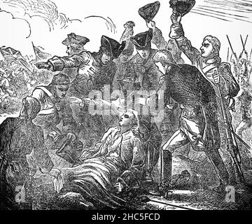 A late 19th Century illustration of the death of Major-General James Wolfe (1727-1759), a British Army officer remembered chiefly for his victory in 1759 over the French at the Battle of the Plains of Abraham in Quebec. Wolfe led 4,400 men in an amphibious landing at the base of the cliffs west of Quebec along the St. Lawrence River. His army scaled the 200-metre cliff from the river and surprised the French under the command of the Marquis de Montcalm, who thought the cliff would be unclimbable and were defeated after fifteen minutes of battle, during which Wolfe was shot  and died. Stock Photo