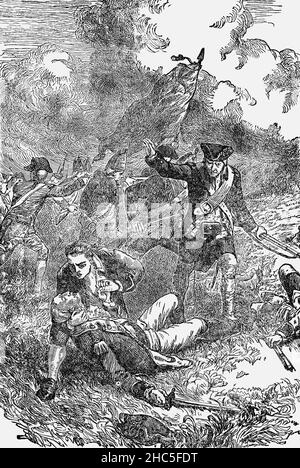 A late 19th Century illustration of the death of Major John Pitcairn (1722-1775) was a Marine Service officer who was stationed in Boston, Massachusetts and took part in the Battles of Lexington and Concord, which marked the start of the American Revolution. At the Battle of Bunker Hill near Charlestown, Massachusetts, two months later, he commanded a reserve force of about 300 Marines and led his men up the hill toward the American position. When he entered the trenches, he was shot four times, including the final wound to the head, said to have been fired by a former slave named Peter Salem. Stock Photo