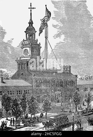 A late 19th Century illustration of Independence Hall, a historic civic building in Philadelphia, Pennsylvania in which both the United States Declaration of Independence and the United States Constitution were debated and adopted by America's Founding Fathers. The building was completed in 1753 as the Pennsylvania State House, and served as the capitol for the Province and Commonwealth of Pennsylvania, later becoming the principal meeting place of the Second Continental Congress from 1775 to 1783 and the site of the Constitutional Convention in the summer of 1787. Stock Photo