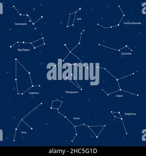 Constellations: cassiopeia, big dipper, cepheus, lyra, grus, cygnus, triangulum, cetus, corona borealis, columba, lepus, delphinus, vector Stock Vector