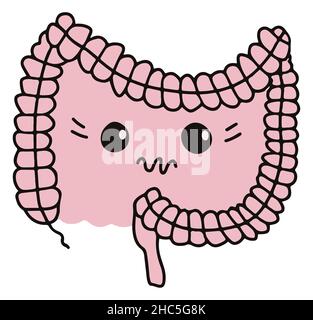 Simple gastrointestinal illustration of bowel internal system. Healthy gut concept. Unhappy abdominal cute expression Stock Vector