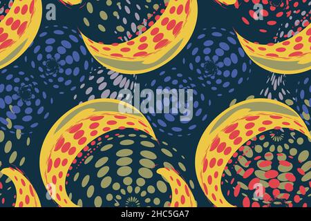 Abstract vector seamless pattern with stylized fruits and mushrooms. Used colors from Vibrant Rebellion Poppy Red, Hot Pink, Maize, Amparo Blue, Laven Stock Vector