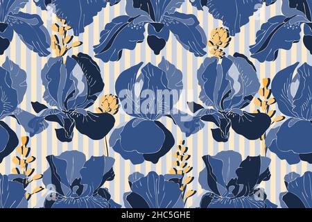 Floral vector seamless pattern. Blue iris flowers. Stock Vector