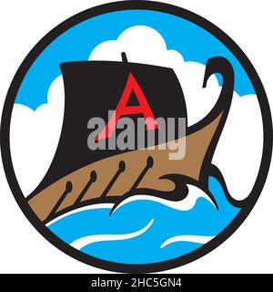 Historic ship vector logo or icon design with oars and sail. Vector illustration of ancient Greek galley or Viking ship sailing through ocean waves. Stock Vector