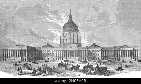 A late 19th Century illustration of the neoclassic United States Capitol, often called The Capitol or the Capitol Building, and meeting place of the United States Congress and the seat of the legislative branch of the U.S. federal government. Situated  on Capitol Hill at the eastern end of the National Mall in Washington D.C., USA. It was designed by amateur architect William Thornton and completed in 1811. Stock Photo