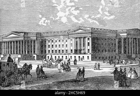 A late 19th Century illustration of the neoclassical Treasury Building in Washington, D.C., is a National Historic Landmark building which is the headquarters of the United States Department of the Treasury. The original building was destroyed in the  1833 fire and left the Department without a home of its own. On July 4, 1836, Congress authorized the construction of a 'fireproof building' much of which was designed by Robert Mills, who was also the architect of the Washington Monument and the Patent Office Building. Stock Photo