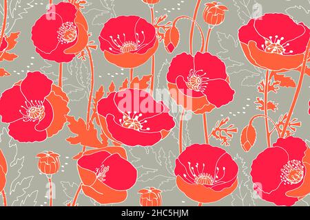 Art floral vector seamless pattern. Red poppies. Stock Vector