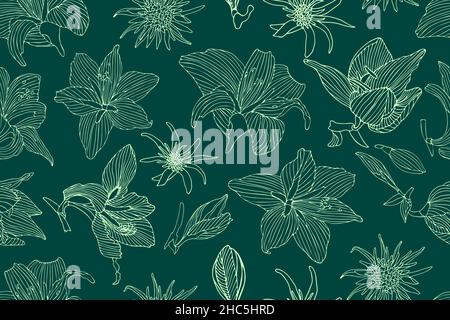 Art floral vector seamless pattern. Light hippeastrum and tragopogon flowers Stock Vector