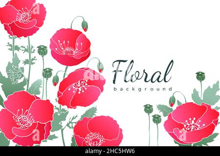 Vector floral background. Card with red poppies. Stock Vector