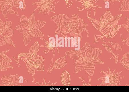 Art floral vector seamless pattern. Light hippeastrum and tragopogon flowers Stock Vector