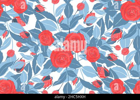 Art floral vector seamless pattern with red roses. Stock Vector