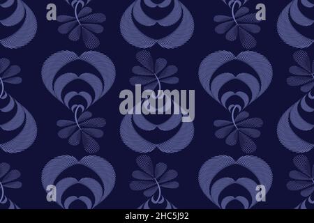 Art floral vector seamless pattern. Blue fluted leaves on twigs isolated on a dark blue background. Stock Vector