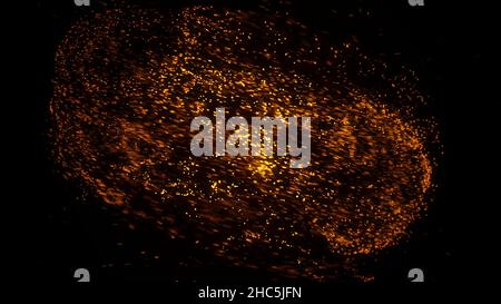 Abstract blue and yellow beautiful neon cloud of dots flying in an organized way in space and forming a figure with a kernel on black background. Flig Stock Photo