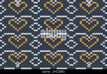 Vector seamless Knitting Pattern in blue, yellow and white colors. Autumn Design with hearts. Stock Vector
