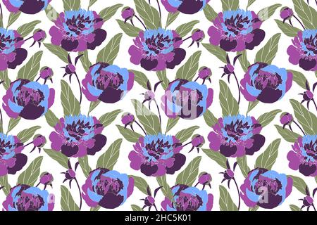 Vector floral seamless pattern. Blue, purple peonies. Stock Vector
