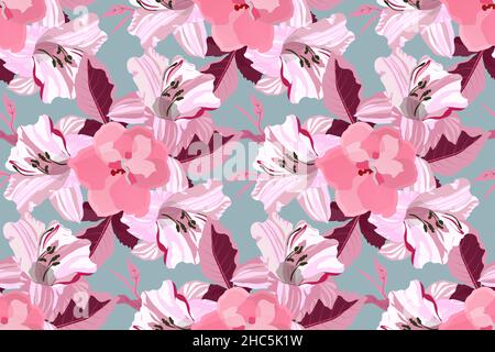 Art floral vector seamless pattern. Pink lilies. Stock Vector