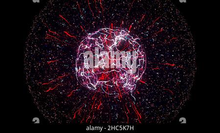 Abstract colorful explosion of neon nucleus isolated on black background. Amazing 3d impulse spreading into the sides surrounded by small particles. Stock Photo