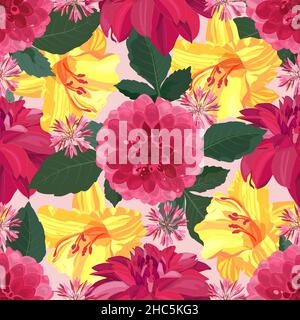 Floral vector seamless pattern, dahlias and lilies.  Stock Vector