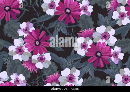 Art floral vector seamless pattern. Pink and white flowers with green leaves. Stock Vector