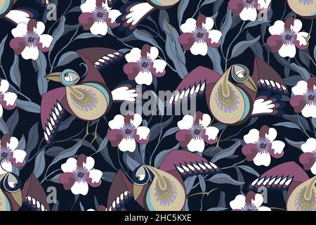 Art floral vector seamless pattern with birds, flowers, branches with leaves. Stock Vector