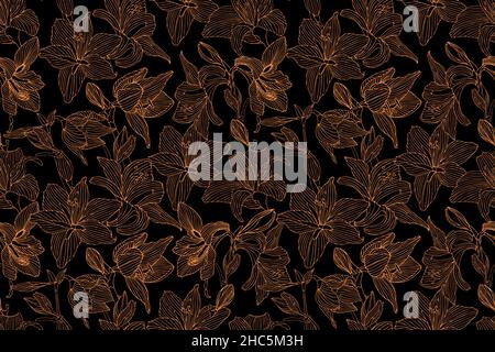 Art floral vector seamless pattern. Golden hippeastrum and lily flowers. Stock Vector