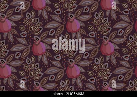 Art floral vector seamless pattern. Fabulous flowers, fruits and leaves Stock Vector