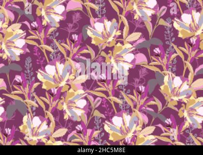 Vector floral seamless pattern. Pink, grey, white, light yellow, purple flowers. Stock Vector