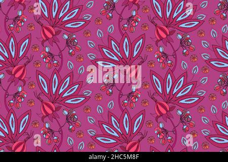 Art floral vector seamless pattern. Fabulous flowers, fruits and berries isolated on pink background. Stock Vector